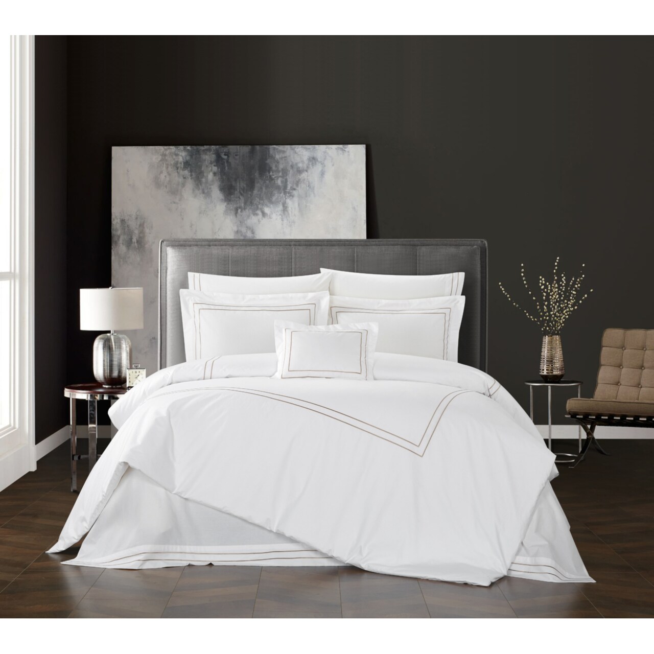 Chic Home Ilani 4 Piece Cotton Comforter Set Solid White With Dual Stripe Embroidered Border Hotel Collection Bedding